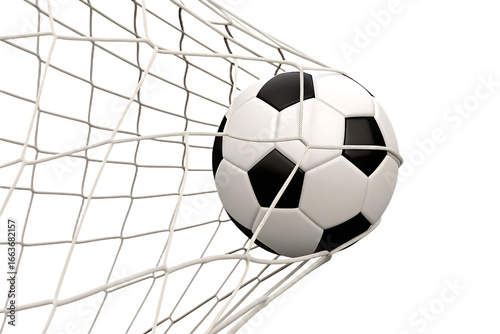 Soccer ball in goal net isolated on a transparent background football white