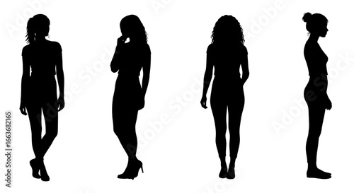 Two Women in Different Poses Black Silhouette on White Background One Pensive and One Walking Forward silhouette