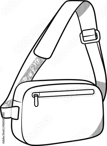 CAD drawing flat vector illustration, crossbody bag design, adjustable strap, zipper pocket, unisex fashion accessory, front view, black outline, sleek artwork, editable sketch