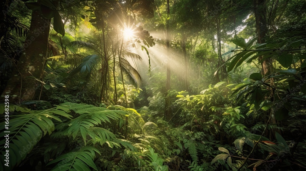 Fototapeta premium Dense rainforest with sunlight filtering through the canopy, lush greenery, vibrant details.