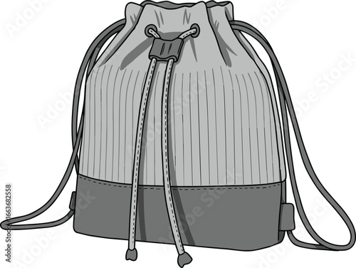CAD drawing flat vector illustration, drawstring backpack design, quilted flap, buckle straps, ergonomic shape, fashion accessory, travel gear, front view, black outline, editable sketch