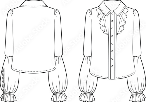CAD drawing flat vector illustration, elegant women’s blouse design, ruffle detail, gathered sleeve, front and back view, fashion sketch template