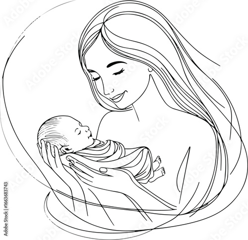 Minimal black and white line art of a mother gently holding her newborn baby, continuous single line, elegant abstract style 1