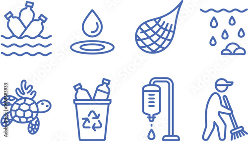 Blue Line Style Icon Set Showcasing Pollution Prevention and Ecology Awareness on White
