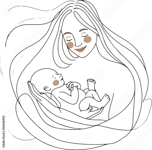 Minimal black and white line art of a mother gently holding her newborn baby, continuous single line, elegant abstract style
