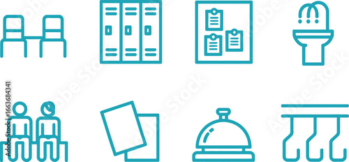 Blue Minimalist Icon Set Featuring Seats, Lockers, Board, Sink, People, Bell, Hangers