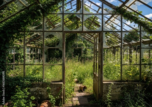 An overgrown and abandoned greenhouse with lush vegetation reclaiming the structure, featuring a broken glass roof and open doorway