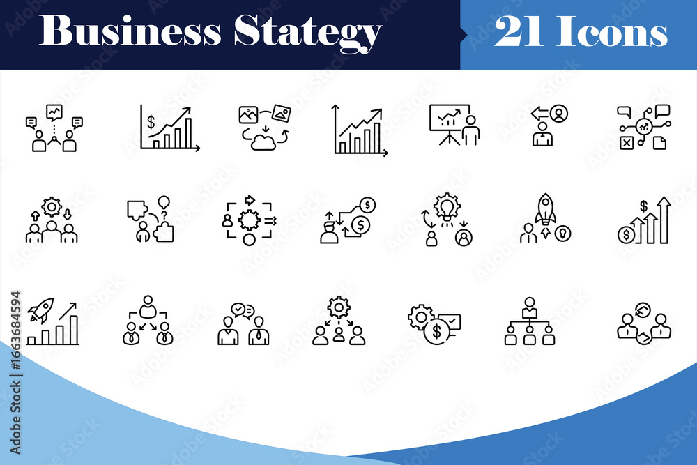 Fototapeta premium Collection of business development thin line vector icons for startup planning, financial growth, career success, innovation ideas, leadership, teamwork, and corporate strategy