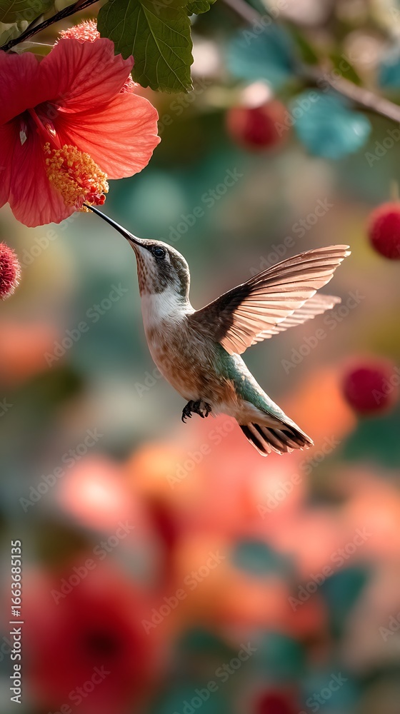 Fototapeta premium Hummingbird drinking nectar surrounded by blossom pictures
