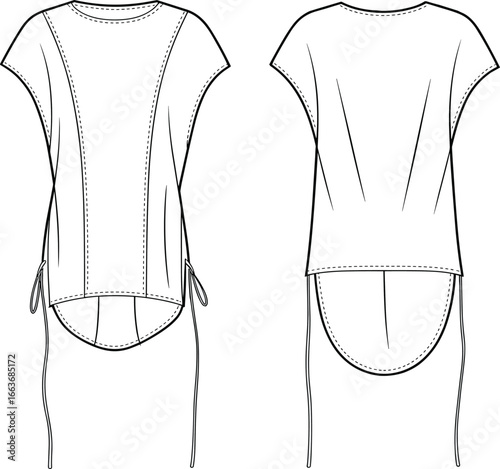 Cad drawing flat vector illustration, high low hem top design, drawstring sides, short sleeve blouse, technical fashion sketch template