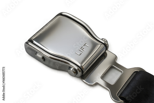  glossy airplane seatbelt buckle, metallic shine, isolated on transparent background, crisp PNG cutout