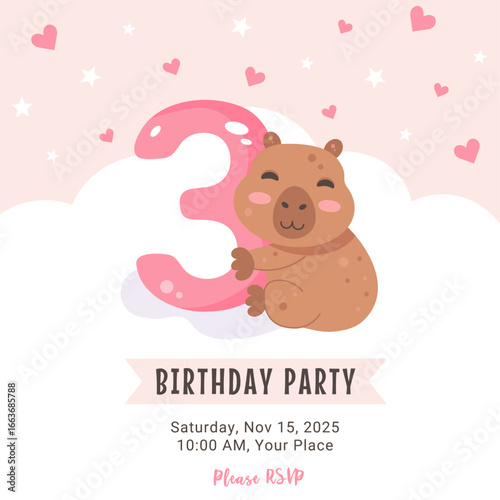 Birthday invitation design with capybara and number 3 on pink sky