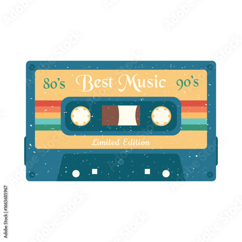 Classic old retro cassette. Colorful cassette with inscriptions: Best music 80s, 90s. Vector illustration.