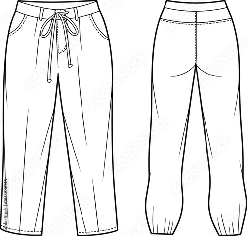 CAD drawing flat vector illustration, jogger pants design, front and back view, drawstring waist, elastic cuffs, fashion sketch, garment template