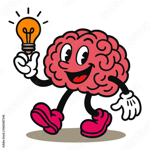 Brain Mascot with Light Bulb – Idea Innovation Cartoon Vector