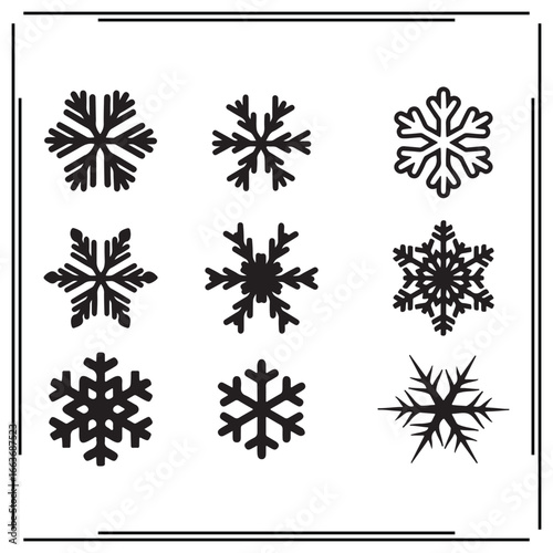 Set of Snowflake Silhouettes, Various Snowflake Shapes, Black Icons on White Background, Winter Decoration, Holiday and Christmas Symbols