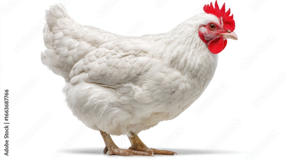 Fototapeta premium A side view of a white chicken with red comb and wattle standing on a white background