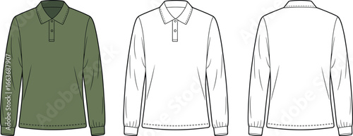Cad drawing flat vector illustration, long sleeve polo shirt design, front and back technical sketch, unisex top, casual wear template