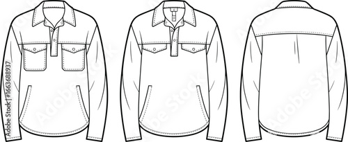 CAD drawing flat vector illustration, long sleeve shirt design, fashion technical sketch, front and back views, chest pockets, collar details, apparel template design, clothing outline