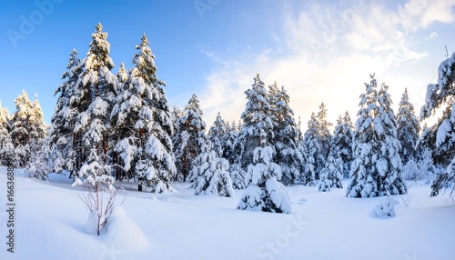 Wallpaper Mural A snow-covered forest with towering evergreens under a vibrant blue sky, bathed in morning sunlight. Torontodigital.ca