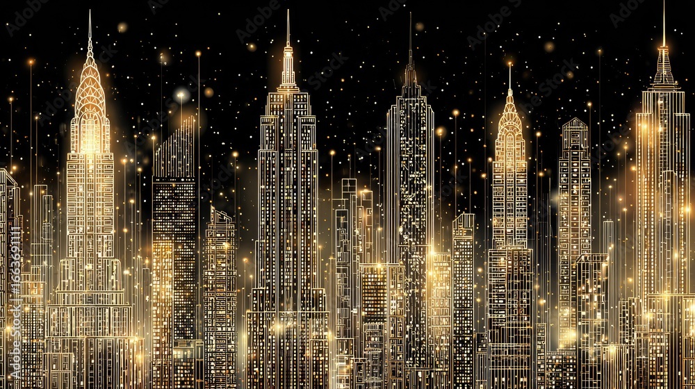 Fototapeta premium Golden city skyline at night.