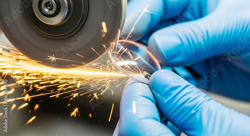 Precision Grinding Optical Component: Gloved Hands Shaping Lens with Rotary Tool & Flying Sparks in Manufacturing Workshop