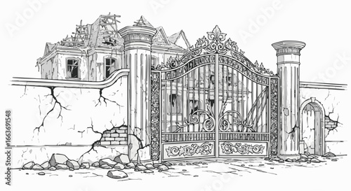 Ornate iron gate guarding a crumbling, dilapidated mansion.
