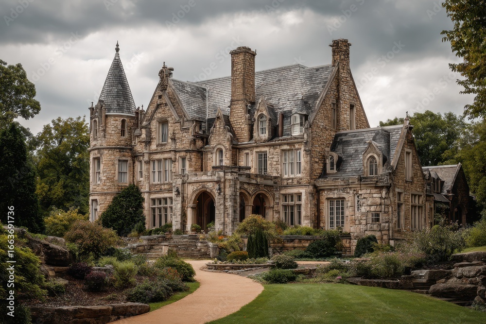 Fototapeta premium Historic Stone Mansion Surrounded by Lush Gardens Under Dramatic Cloudy Skies