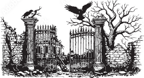 Ruined gate, gothic mansion, crows, barren tree, decaying walls, eerie atmosphere.