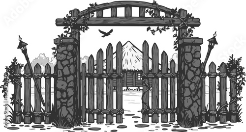 A black and white illustration of a rustic wooden gate with an arched trellis and stone pillars leading to a distant hut.