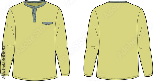 New Cad drawing flat vector illustration, men's long sleeve henley shirt, olive green top, button detail, pocket design, front and back view, casual fashion apparel, garment sketch, clothing template 