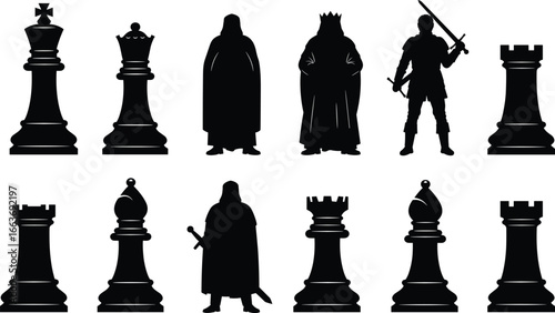 Chess pieces and medieval figures silhouettes – king, queen, bishop, rook, knights with swords, classic board game and fantasy theme
