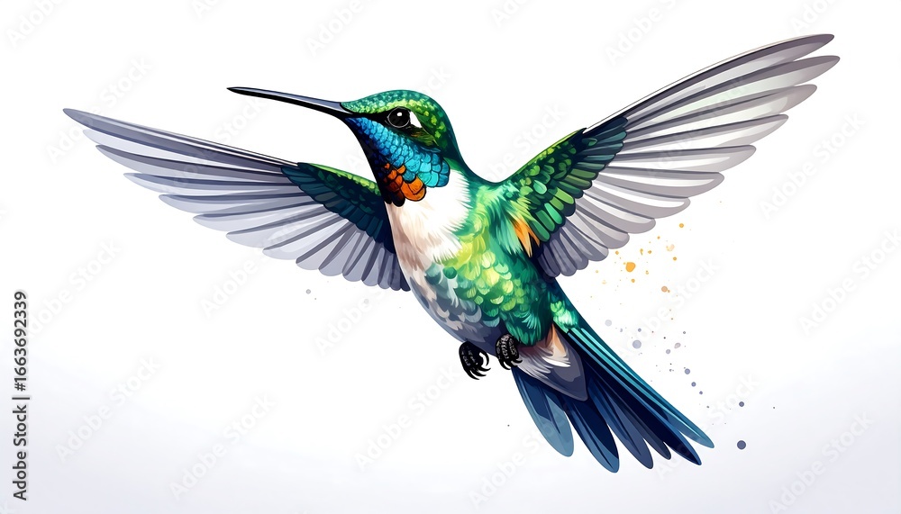 Naklejka premium A vibrant hummingbird, in flight, showcases intricate details and a dazzling array of colors against a white background.