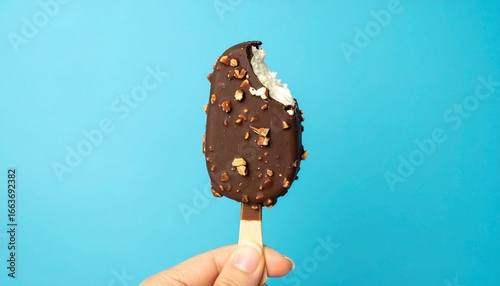 Close-up of a person holding a chocolate-covered ice cream bar with nuts, bitten into, against a vibrant blue background, refreshing summer treat