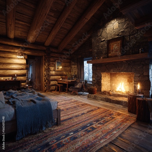 Interior design of a rustic wooden room in a cozy mountain cabin, with a lit fireplace, a warm bed, a wool blanket, a woven rug, and a homey atmosphere illuminated by soft lighting.