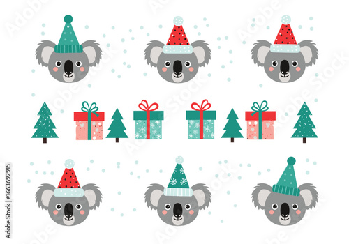 Cute koalas wearing festive santa hats and winter beanies celebrate the holiday season