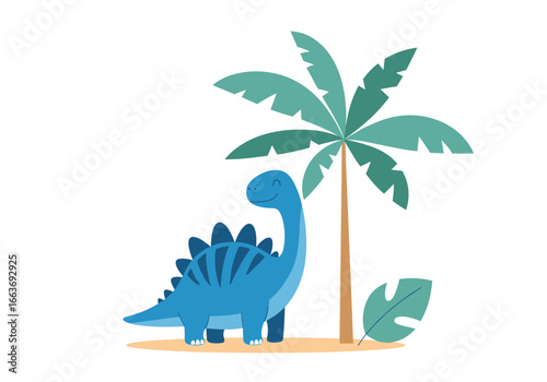 Friendly blue stegosaurus dinosaur standing under a tropical palm tree in a sunny meadow