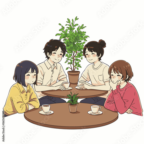Diverse young friends share genuine laughter and engaging conversations over coffee within a modern urban cafe, fostering true connections and community.