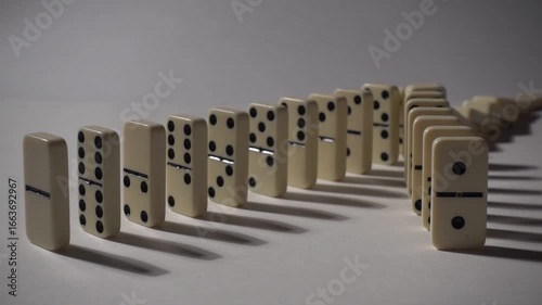 Falling dominoes in slow motion. Close-up of the domino effect. Chain reaction concept.