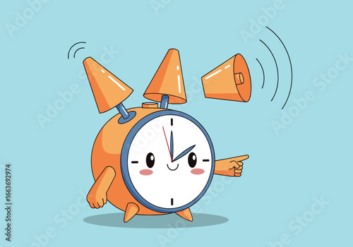 Cute alarm clock character with big bells and pointing finger indicating time