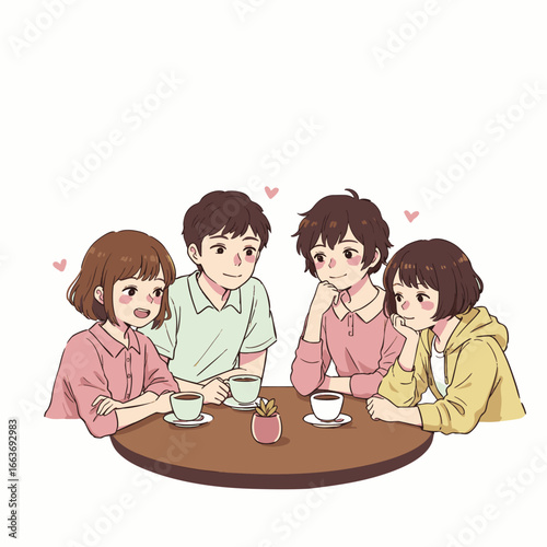 Four diverse friends share genuine laughter and heartfelt connections over coffee in a modern urban cafe, embodying happiness and community.