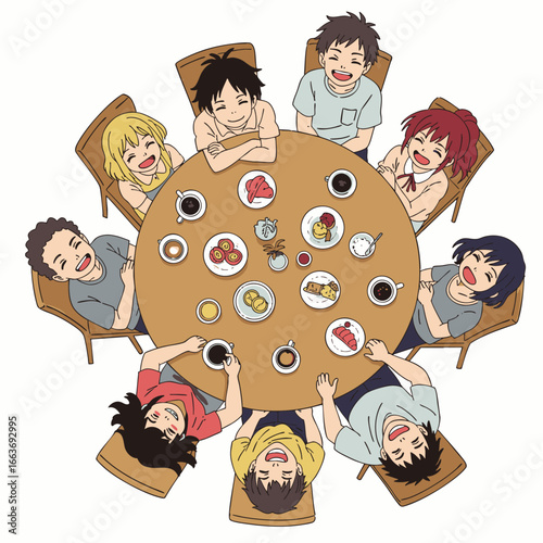 A vibrant illustration captures a diverse group of young friends sharing genuine laughter and joyful conversations around a cafe table, embodying true connections.