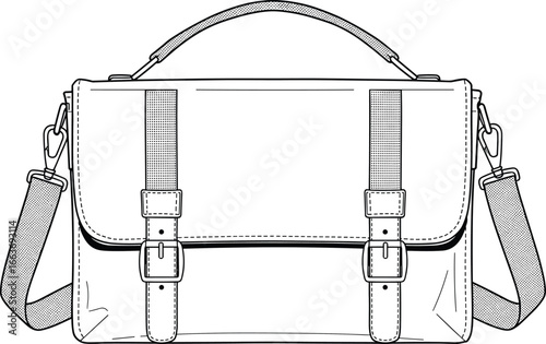  new update CAD drawing flat vector illustration, messenger bag design, adjustable strap, top and side views, fashion accessory, buckle closure, sketch outline, black silhouette, editable artwork