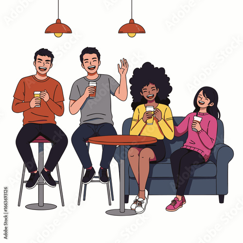 A vibrant group of diverse friends shares genuine laughter and true connections while enjoying drinks in a modern, bustling urban coffee shop.