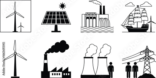 Collection of renewable and non-renewable energy source icons, including wind, solar, hydroelectric, thermal, nuclear, and fossil fuel generation.
