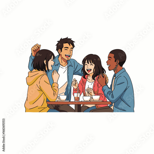 Diverse friends, including millennials and Gen Z, share authentic laughter and true connections over coffee in a modern cafe, enjoying candid moments and community.