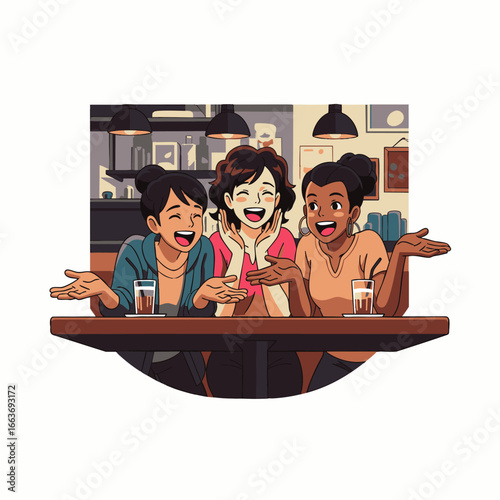 Diverse friends enjoying authentic laughter and true connections in a modern urban cafe, perfectly capturing a vibrant multicultural lifestyle.