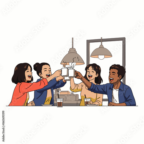 A vibrant group of diverse friends shares authentic laughter and true connections while toasting their beverages in a modern urban coffee shop, embodying joyful community spirit.