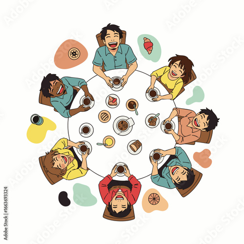 A joyful and diverse group of friends shares authentic laughter and true connections over coffee in a modern urban cafe setting, embodying community spirit.