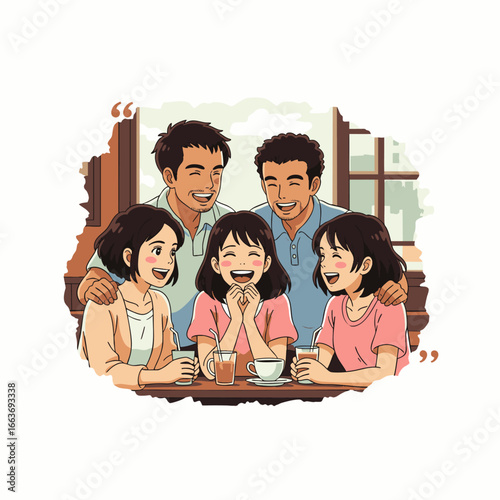 A diverse group of friends shares genuine laughter and true connections over coffee in a modern cafe, perfectly capturing urban lifestyle and community spirit.